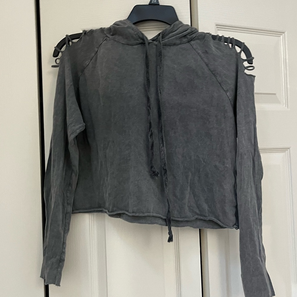 ⭐️EUC - Don't Ask Why - Gray Hooded, Cut Shoulder, Crop Top - One Size fits Most
